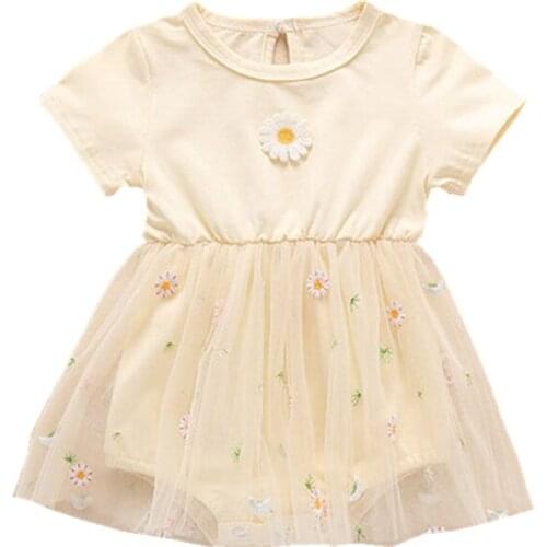 2021 Summer Newborn Baby Cute Embroidery Small Chrysanthemum Short Sleeve Mesh Cream Skirt Baby Girl Triangle Romper Gauze Dress