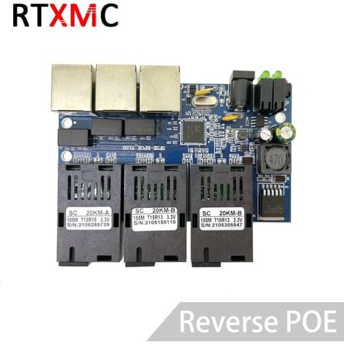 3SC3UTP Reverse POEFast Erhetnet 10/100M Ethernet Switch 3 Fiber Port SC 20KM3UTP RJ45 FiberOptical Switch PCBA with Adapter