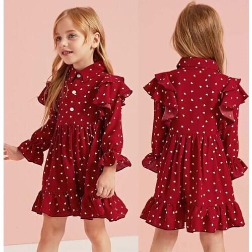 Free shipping Toddler Kids Baby Girls dress Princess Hearts Print Button Party Valentines Day Chiffon Mini Dresses one pieces