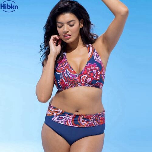 Plus size bikini high waist push up halter swimwear vintage print swimsuit high waisted print bandeau large sizes swimsuits