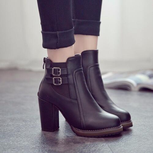 Large Size 35-43 New High-heeled Wild Classic PU Anti-skid Design Side Zipper Warm Belt Buckle Fashion Women Ankle Boots B20-50