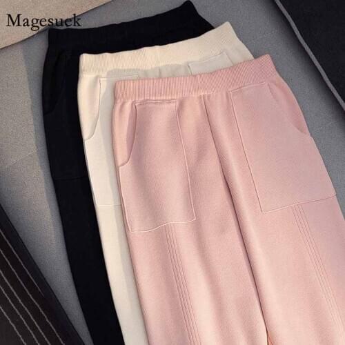 Harem Pants Pockets Solid Casual TrousersKnitted Womens Autumn and Winter High Waist Drape Straight Loose Pants Pantalon 11790