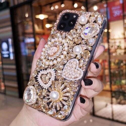 Luxury Bling Gold Crystal Pearl Diamond Gem Flower Case Cover For iPhone 12 Mini 11 Pro XS Max XR X 8 7 6S Plus SE Handmade Case