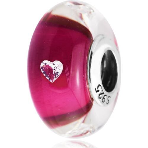 DIY Fits For Pandora Bracelets Cerise Heart Murano Galss Beads 100% Sterling Silver Charms Free Shipping