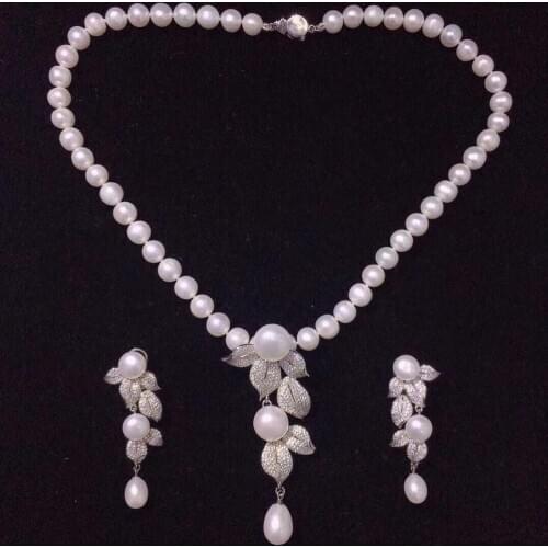 Ones set freshwater pearl flower pendant necklace earrings white near round wholesale nature beads FPPJ