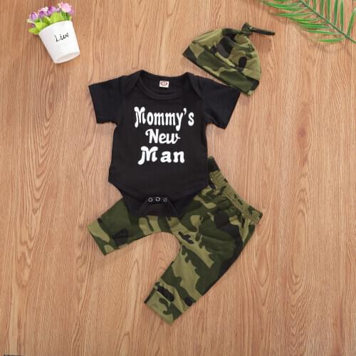 Pudcoco Newborn Baby Boy Clothes Summer Short Sleeve Letter Print Romper Tops Camouflage Print Long Pants Hat 3Pcs Outfits Set