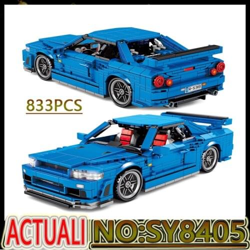 Hot Supercar Sports Creator Nissans GTR R34 Pull Back Speed Racer Building Blocks Toy Childrens Christmas DIY Birthday Gift