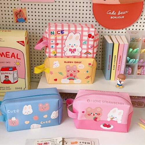 Cute PU Leather Pencil Cases Bags Large Capacity Travel Storage Bag Kawaii School Supplies Japanese Stationery For Girl