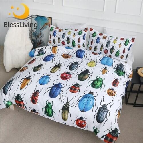 BlessLiving Beetles Bedding Set Insect Duvet Cover Watercolor Print Comforter Cover Set 3pcs Colorful Hipster Vintage Bedclothes