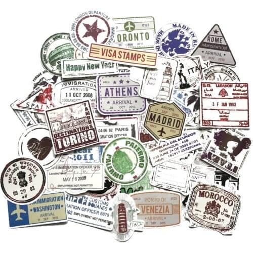 60Pcs/pack Visa Postmark Seal Stamp Country City Shape Stickers for Pad Phone Case Car Skateboard Helmet Bicycle Suitcase Toys