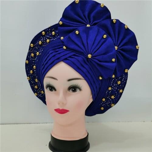 New Style Nigerian Yellow Gele Headtie Aso Oke Gele Already Made Auto Gele Aso Ebi Headtie African Turban Cap with Colorful Bead