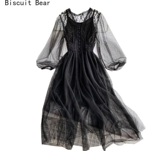 Biscuit Bear Mesh Dress Women Spring 2021 Fashion V Neck Puff Sleeve Ladies Vestidos Elegant Slim Waist A Line Female Dresses