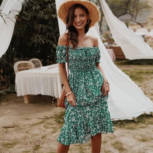 Womens Dresses Summer 2021 Boho Off-the-shoulder Dress Womens Cotton Twill Neck Floral Short Sleeve Elegant Dress