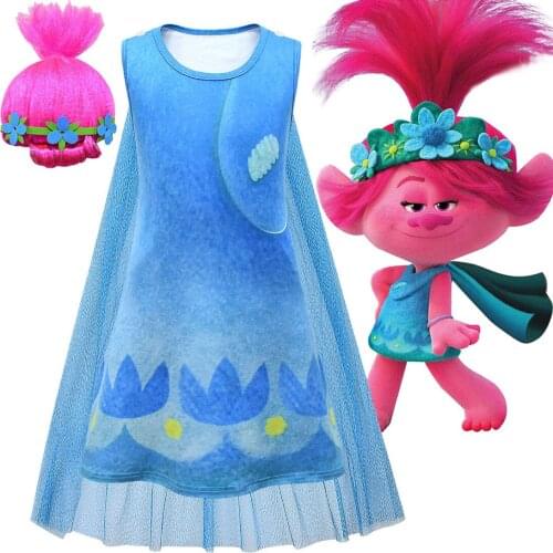 Girls Trolls Dresses Kids Sleeveless Dress Girls Wedding Party Trolls Cosplay Costume Children Dress Cloak Wig Set