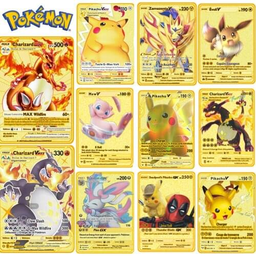 TOMY Pokemon French Metal Card Game Anime Battle Card Gold Charizard Pikachu Collection Card Action Figure Model Child Toy