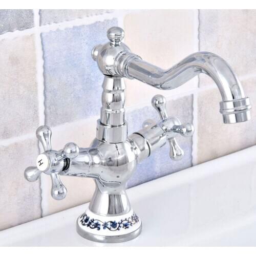Polished Chrome Brass Bathroom Kitchen Basin Sink Faucet Mixer Tap Swivel Spout Dual Cross Handles Ceramic Base One Hole msf668