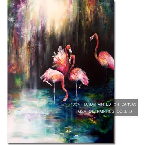 Professional Artist Reproduction High Quality Pink Flamingo Oil Painting on Canvas Handmade Funny Animal Flamingos Oil Painting