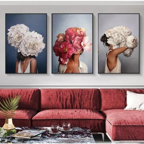 Nordic Flowers Head Woman Canvas Paintings On the Wall Art Posters And Prints Feather Girls Wall Pictures Home Decoration Cuadro