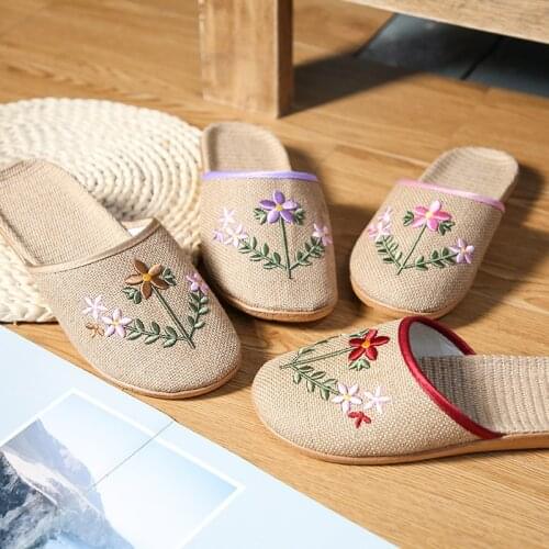 Women Slides Summer Home Linen Slippers Anti-Slip Floor Bedroom Garden Flip Flops For Female Couple Family Flat Shoes