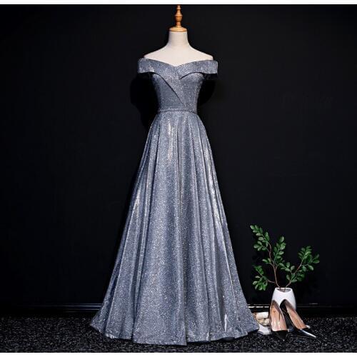 Evening Dress 2019 New Style Banquet Dresses Off the Shoulder Sexy V-neck a Line Floor Length Prom Party Dress Shinning Sequins
