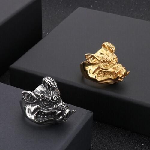 Vintage Titanium Steel Beast Wild Boar Totem Rings Men Biker Ring Punk Animal Jewelry