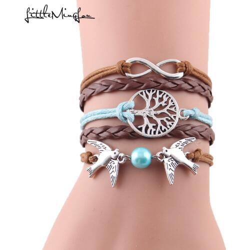 Fashion Infinity Tree flying birds charm Imitation Pearl Leather braid women wrap bracelet Bracelets & Bangles for women jewelry