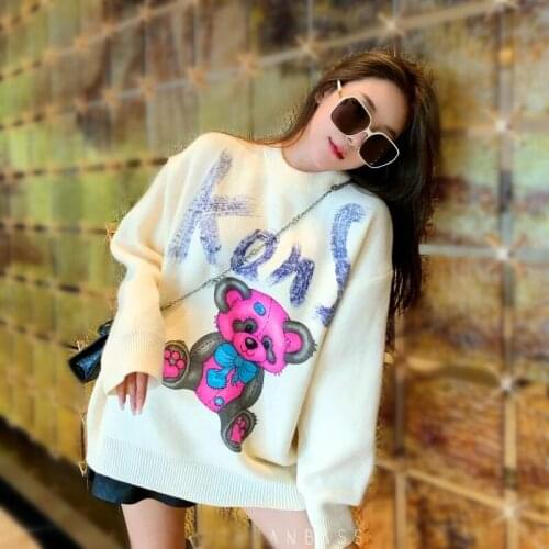 Women Fall Cartoon Animal Bear Letters Pullover Knitting Pink Sweater Female Warm Harajuku Sweet Kawaii Winter Clothes SY126