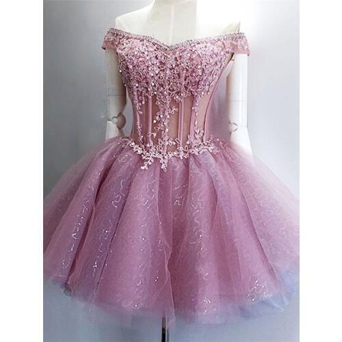 Robe de soriee 2020 New Pink Off the Shoulder Ball Gown Cocktail Dress Short Appliques Beads Prom Party Gown Homecoming Dress