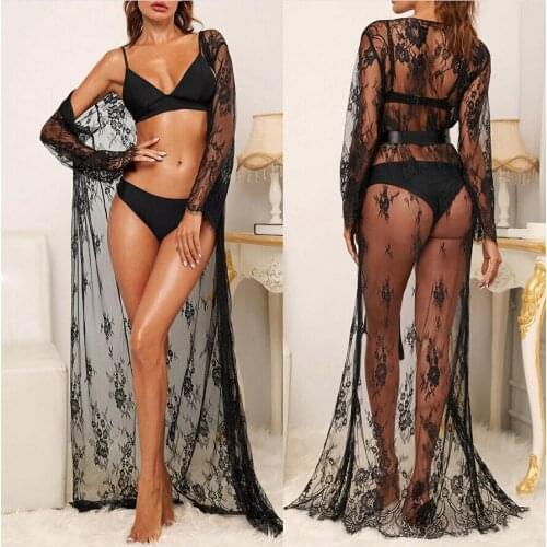 Women Long Sleeve Lace Sleeping Dress Fashion Solid Color Sexy Perspective One-piece Pajamas