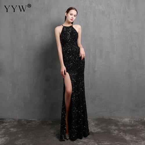 2021 Black Sequin Long Evening Dress Women Sexy Sleeveless Bling High Side Slit Party Long Dresses Off Shoulder Femme Vestidos