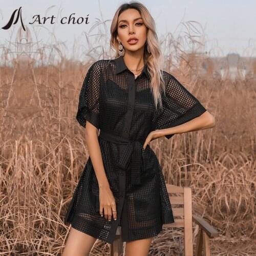 2021 Elegant Womens Crochet Mini Dress Summer Vintage Hollow Out Bandage Belt Gauze Petticoat Office Ladies Sexy Party Vestido
