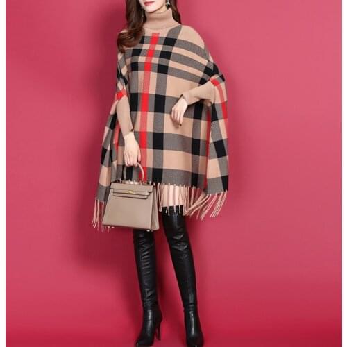 ZJZLL 2021 Winter Batwing Sleeves Loose Mink Velvet Plaid Pullover Turtleneck Plus Size Capes And Poncho Women Clothing Cloak