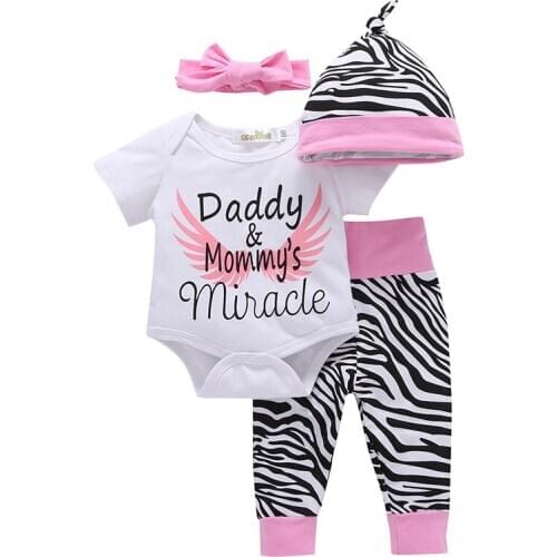 4PCS Newborn Baby girls clothes Sets Daddy & Mommys Miracle Bodysuit+Zebra Pants+Hat+Headband Infant Toddler Girls Outfit