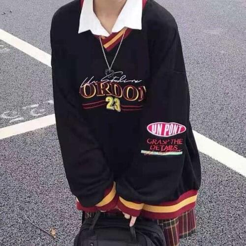 American Retro Black Letter Embroidery V Neck Oversized Sweatshirt Men Women Gothic Casual Sport Hoodies for Teens Goth Clothes