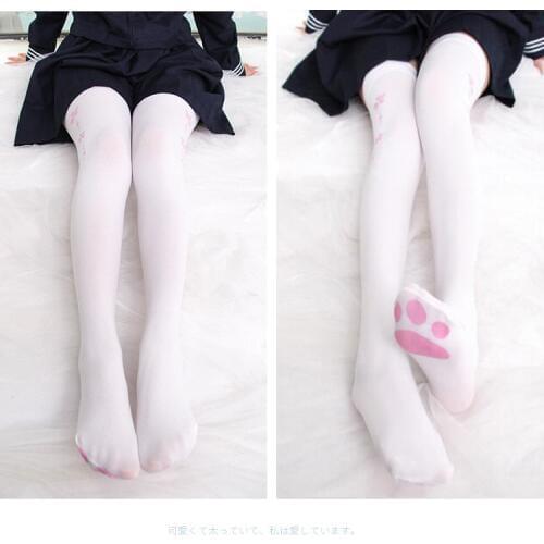 Super Cute Sakura Print Over-knee Stockings / Tights 120D Velvet Cat Paw Bottom Color White 2 Styles