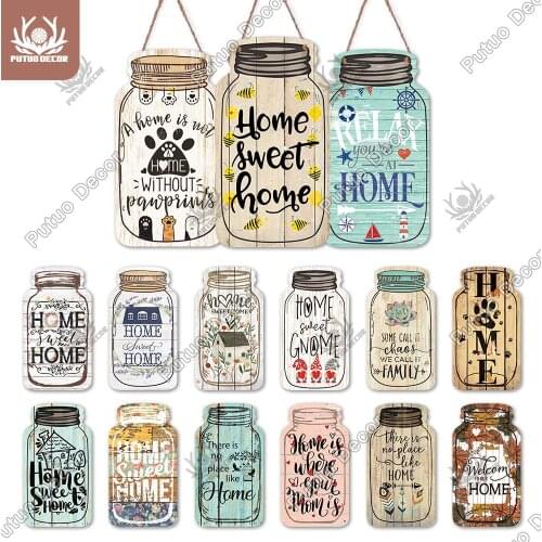 Putuo Decor Home Sign Mason Jar Shape Wooden Hanging Sign Family Plaque Wood for Rustic Home Decoration Farmhouse Wall Art Decor