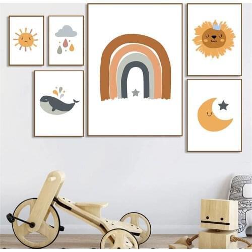 Nursery Canvas Print Sun Rainbow Wall Art Poster Cloud Moon Painting Animal Whale Posters Nordic Wall Pictures Kids Room Decor