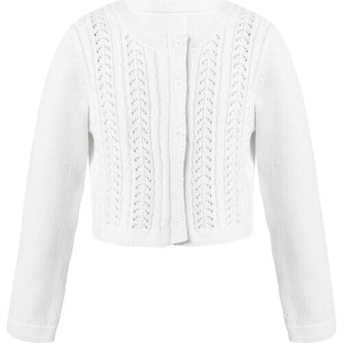 Kids Girls Cotton Long Sleeve Knitted Crochet Cardigan Cropped Coat Sweater with Sapre Button for Dance Party Wedding Costume