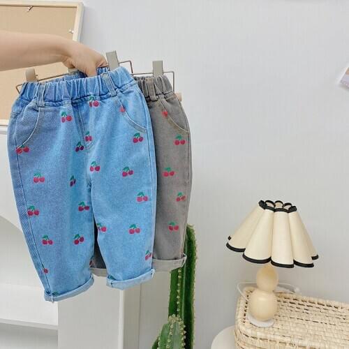 Toddler Girls Jeans 2021 Spring New Kids Casual Loose Denim Pants Cute Cherry Print Harem Pants For Girl Children Jeans Trousers