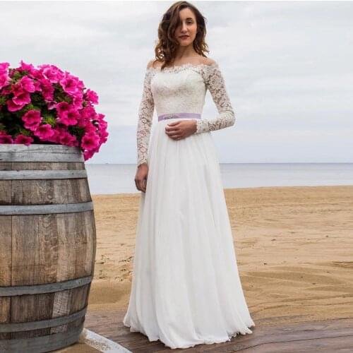 Elegant Boho Wedding Dresses Vintage Boat Neck Long Sleeves Lace Chiffon Beach Wedding Dress 2020 Vestido De Noiva