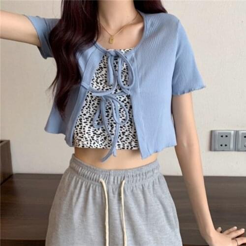 Korean Style Top Tshirt Womens Summer Sweet Sexy Strappy Short Cardigan Short-Sleeved T-Shirt Woman Fashion Leopard Print Tee