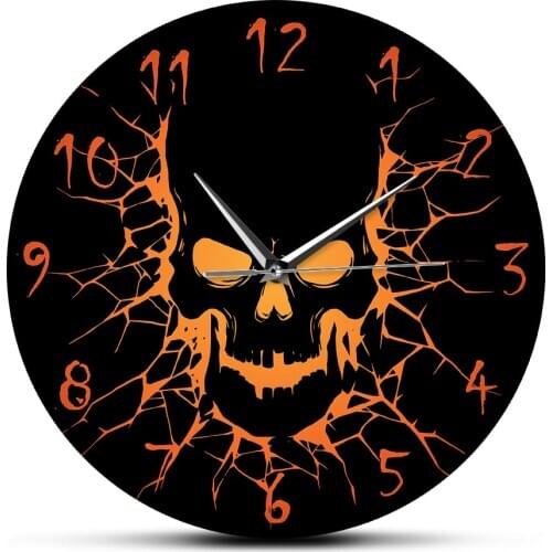 Gothic Birth of a Demon Slient Wall Clock Skull with Crack Hole Horror Watch Skull Decorative Hanging Wall Art