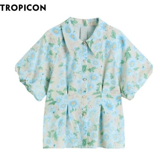 TROPICON Cottagecore Blue Floral Puff Sleeve Button Up Shirt For Women Summer Top And Blouse Short Sleeve Fashion Designer Shirt
