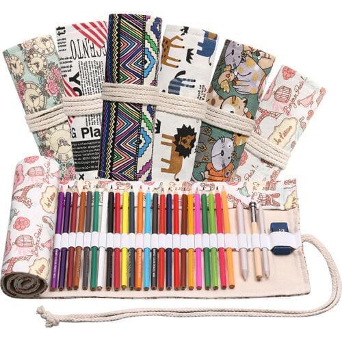 24Holes Animal Canvas School Pencil Case Stationery Portable Canvas Boys&Girls Roll Up Bag Curtain for artistic brushes
