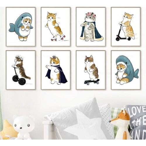 Kawaii Cat Cute Wearing Animal Wall Art Canvas Painting Nordic Posters And Prints Wall Pictures Home Living Kids Room Decoration
