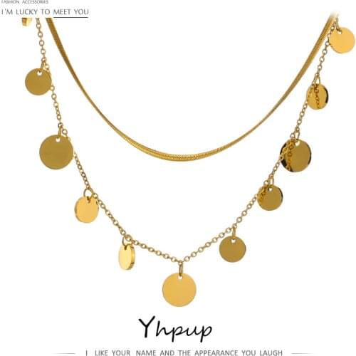 Yhpup Trendy Coin Round Pendant Neckalce Chain Women Stainless Steel Waterproof Collar Neckalce Metal Titanium Steel Jewelry