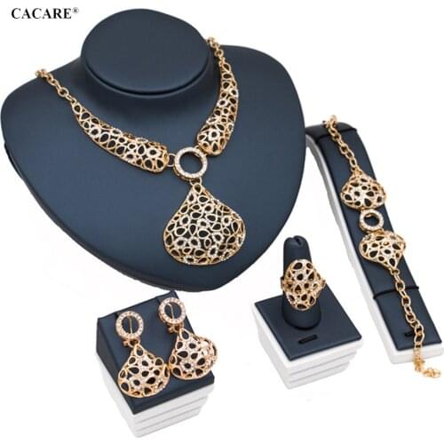 Wholesale Dubai Gold Jewelry Sets Women Big Necklace Earring Set Indian Jewellery 4 Pieces Set F1184 Rhinestone Party Jewels