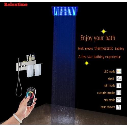 Nozzle Light LED Ceiling Shower Head Concealed Thermostatic Mixer Taps Bathroom Multifunction Shower Faucet shelf towel rack