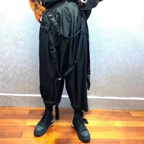 2020 new personality woven band loose tide brand waistband pants designer black Yamamoto style pioneer eight-point pants trend