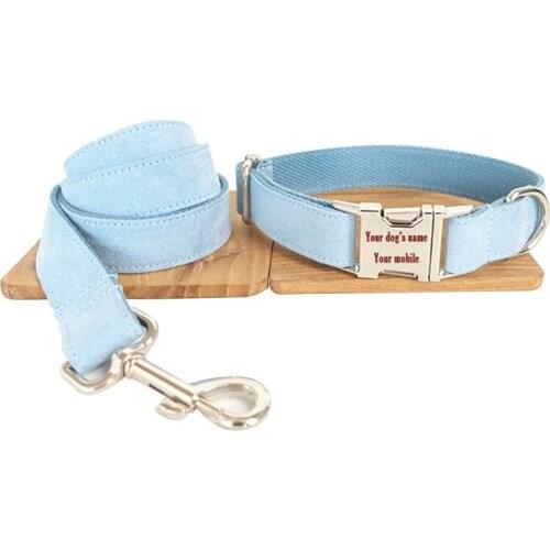 New Arrival Hot MUTTCO Handmade High Quality Collar Fashionable Light Blue Simple Design Dog Collars And Leashes Set 5 Sizes